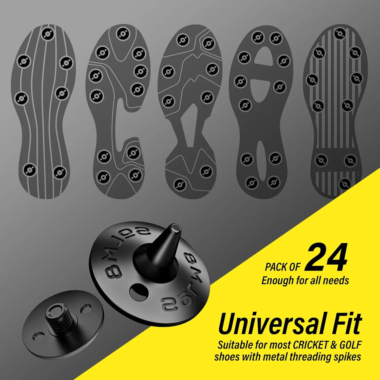 SOLM8 Metal Spikes for Golf and Cricket Shoe Spikes Replacement - 1/4 Inch 6mm Screw Type Metal Threading (Spanner Included)