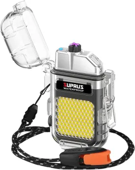 SUPRUS Waterproof 3 Modes of Flashlight Windproof Lighter Dual Arc Electric Rechargeable Dual Arc Plasma Lighter with Survival Emergency Whistle and Lanyard (Black)