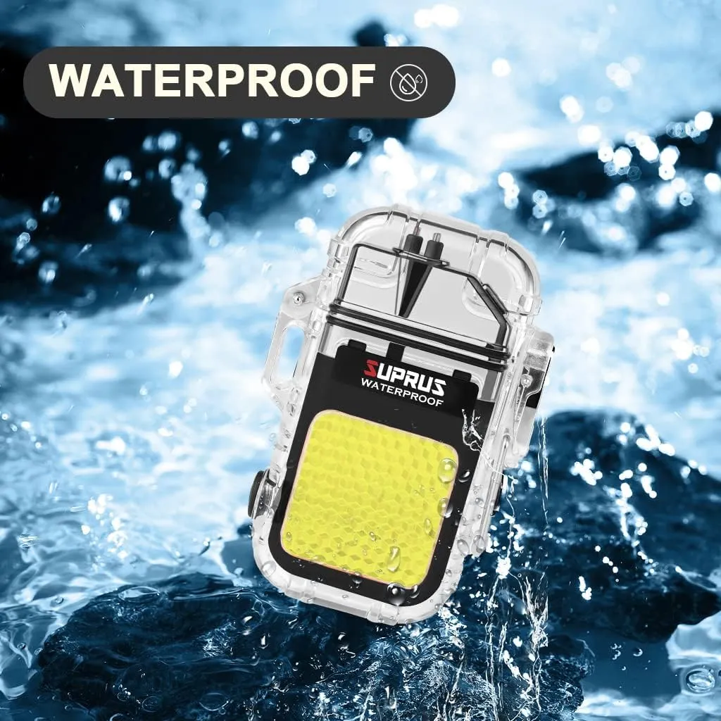 SUPRUS Waterproof 3 Modes of Flashlight Windproof Lighter Dual Arc Electric Rechargeable Dual Arc Plasma Lighter with Survival Emergency Whistle and Lanyard (Black)