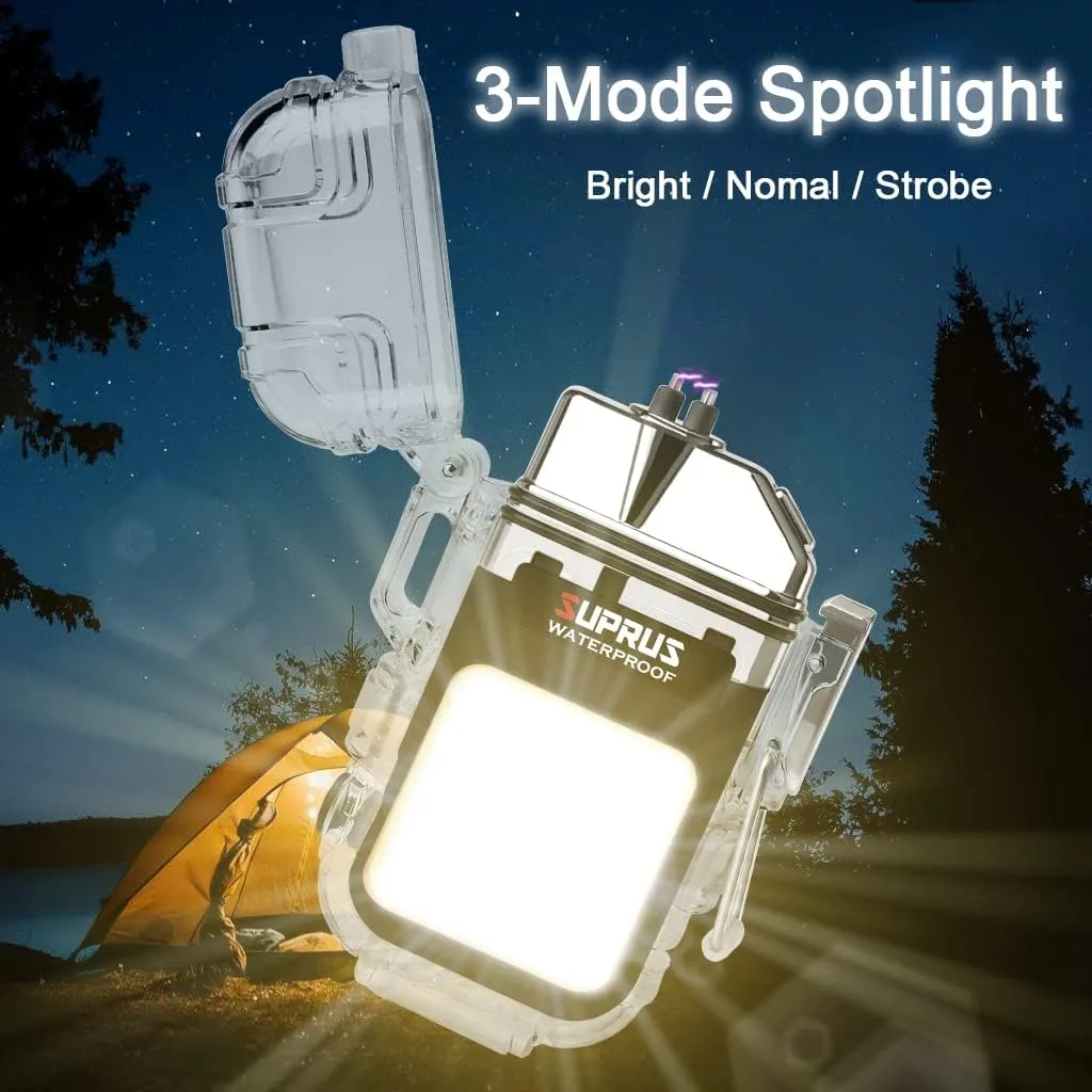 SUPRUS Waterproof 3 Modes of Flashlight Windproof Lighter Dual Arc Electric Rechargeable Dual Arc Plasma Lighter with Survival Emergency Whistle and Lanyard (Black)