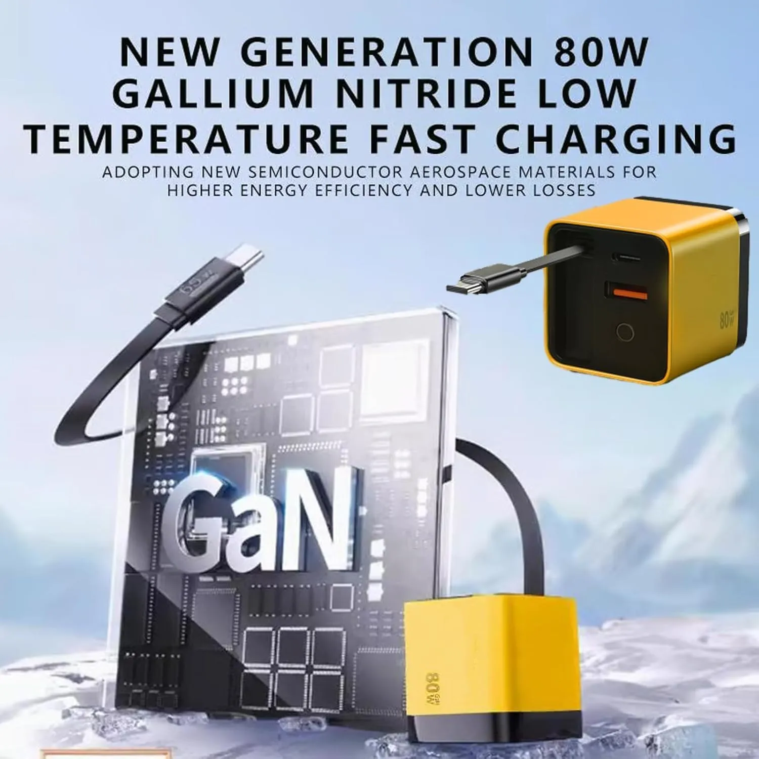 Tobrbes 3 in 1 Gan Charger, Retractable 80w Max, Scalable 80w Max Fast Charger Module with Type-C Cable and 2 USB Ports (Yellow)