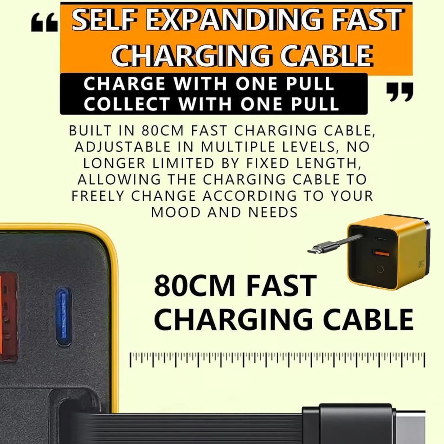 Tobrbes 3 in 1 Gan Charger, Retractable 80w Max, Scalable 80w Max Fast Charger Module with Type-C Cable and 2 USB Ports (Yellow)