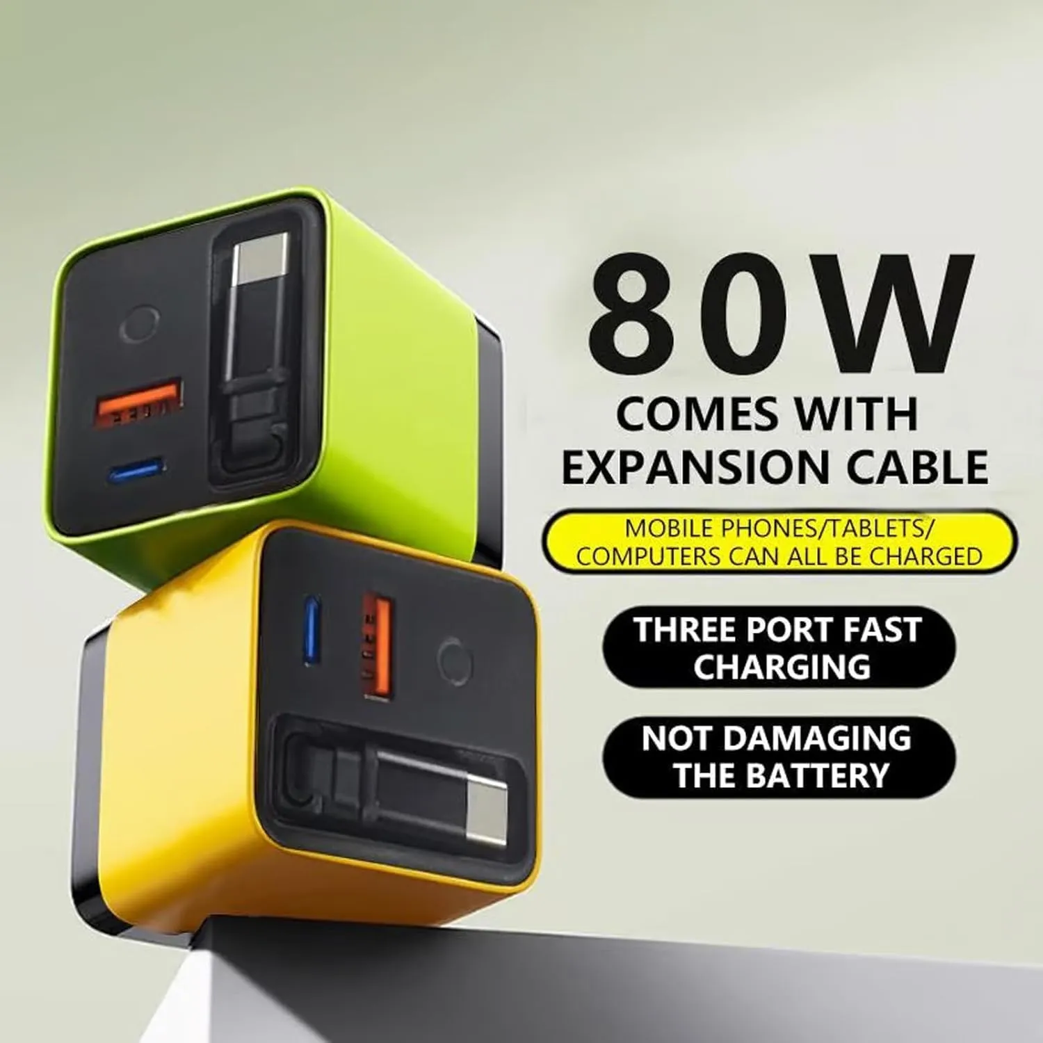 Tobrbes 3 in 1 Gan Charger, Retractable 80w Max, Scalable 80w Max Fast Charger Module with Type-C Cable and 2 USB Ports (Yellow)
