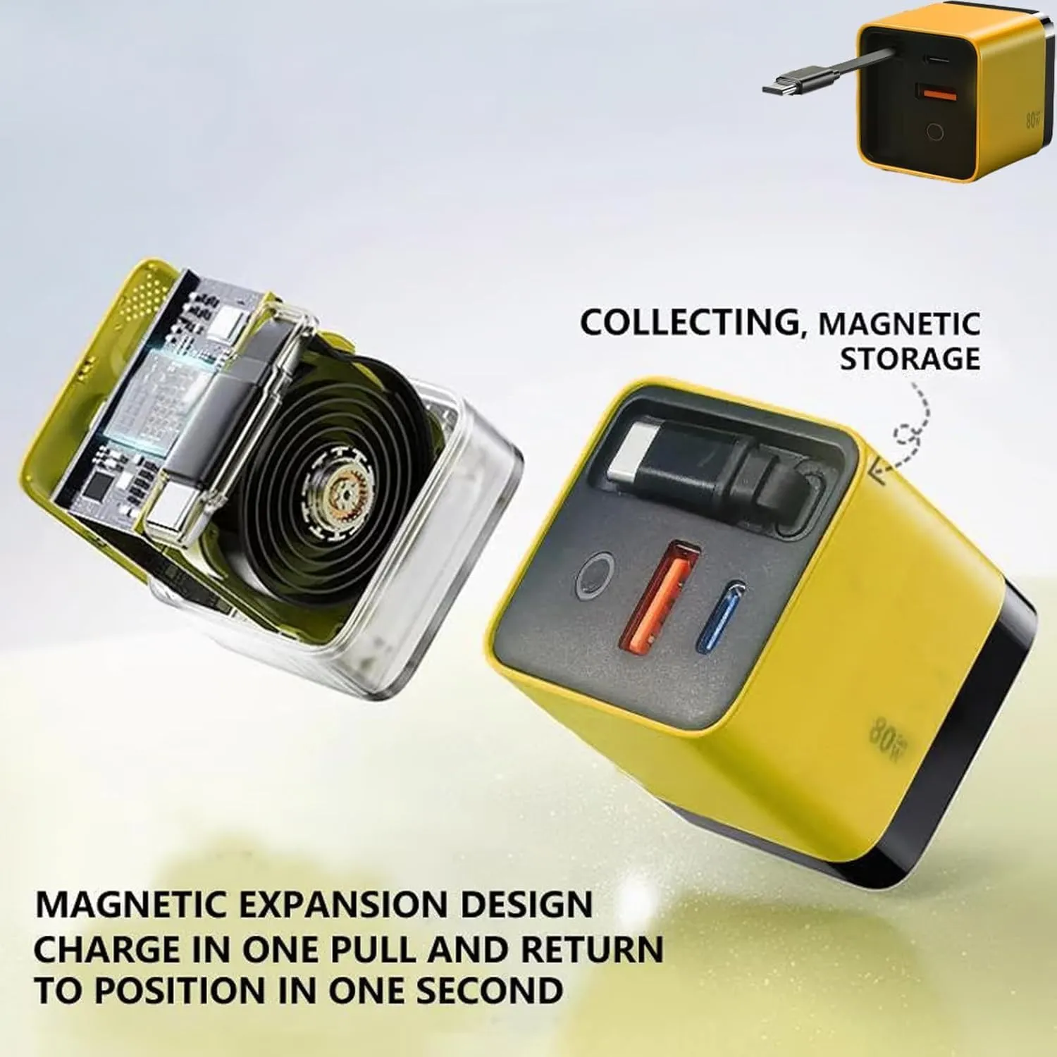Tobrbes 3 in 1 Gan Charger, Retractable 80w Max, Scalable 80w Max Fast Charger Module with Type-C Cable and 2 USB Ports (Yellow)