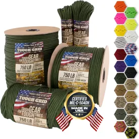 TOUGH-GRID Premium Paracord 750 lbs Made in USA Outdoor Survival Nylon Rope Tactical Heavy Duty Strands Parachute Cord Used by US Military Type III Mil-Spec