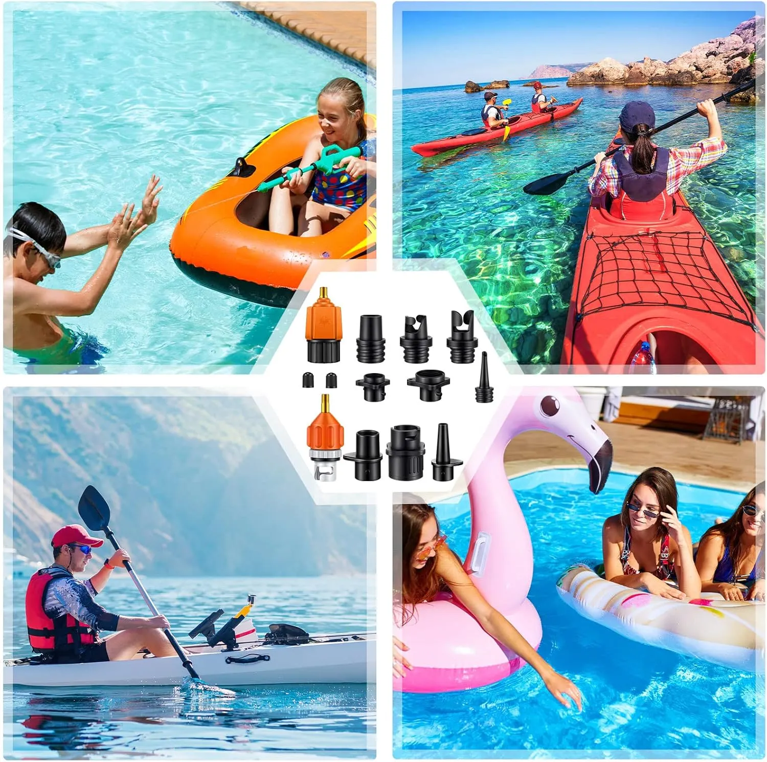 Treela Inflatable Air Pump Adaptor Compatible with SUP Inflatable Car Air Compressor Valve Adaptor with 9 Valve Nozzle for Paddle Board Boat