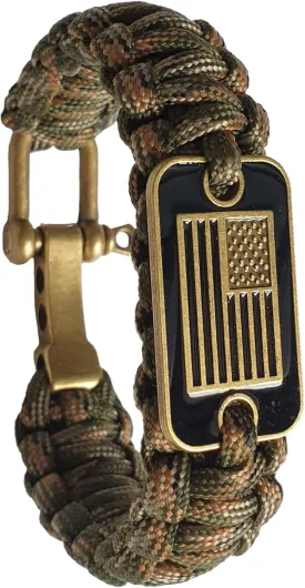 VAYOBOO Paracord Bracelet - Tactical Survival Bracelet for Men with Bronze USA Flag - 3 Adjustable Sizes - Green Camo, L