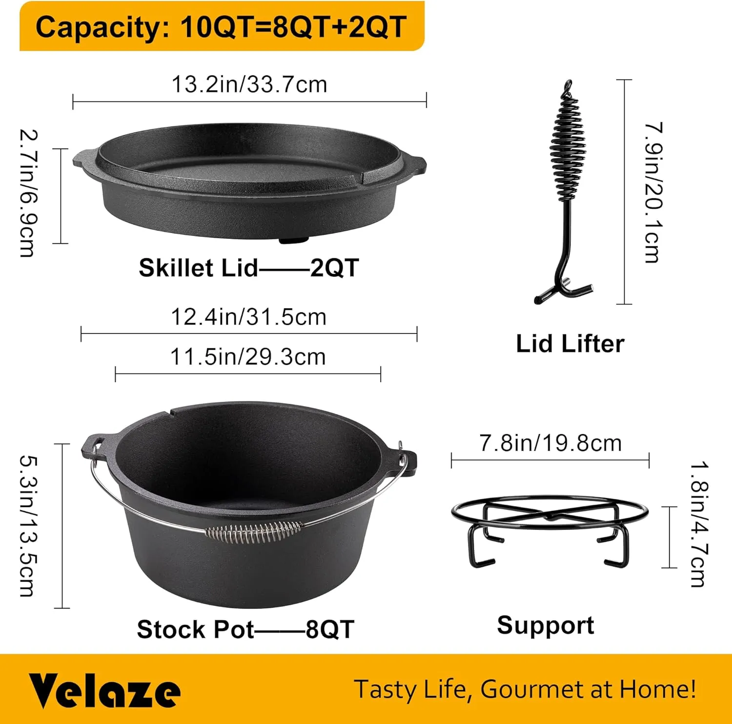 Velaze 10QT Camping Dutch Oven, Pre-Seasoned Cast Iron Camp Dutch Oven Pot with Lid, for Use in the Oven, on the Stove, Grill, or over the Campfire - Metal Handle, Lid Lifter, and Stand Support
