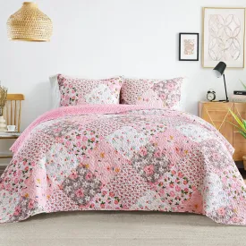 Whale Flotilla Reversible Patchwork Quilts Full Queen Size, Lightweight Boho Printed Bedspreads Coverlets Quilt Bedding Set with 2 Pillow Shams for All Seasons, Pink
