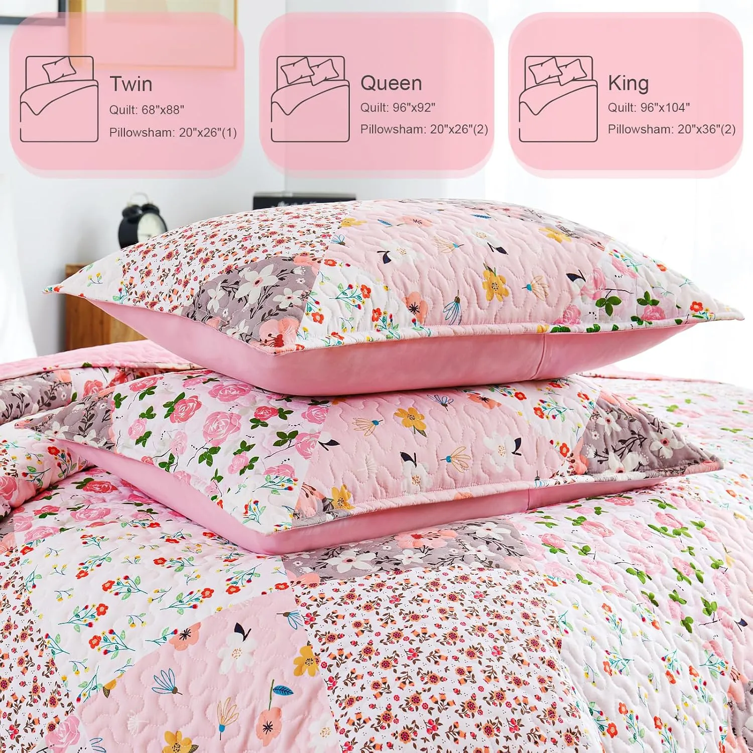 Whale Flotilla Reversible Patchwork Quilts Full Queen Size, Lightweight Boho Printed Bedspreads Coverlets Quilt Bedding Set with 2 Pillow Shams for All Seasons, Pink