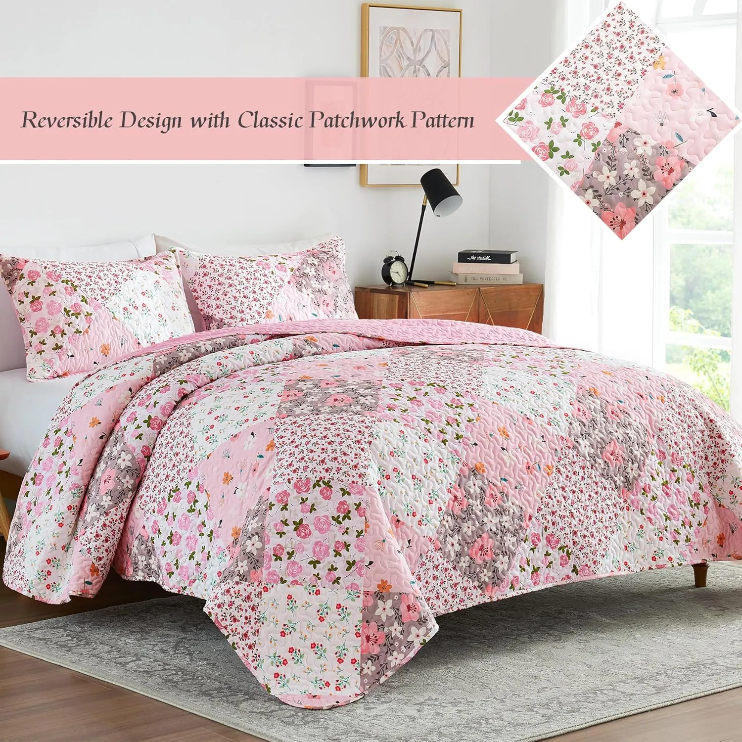 Whale Flotilla Reversible Patchwork Quilts Full Queen Size, Lightweight Boho Printed Bedspreads Coverlets Quilt Bedding Set with 2 Pillow Shams for All Seasons, Pink