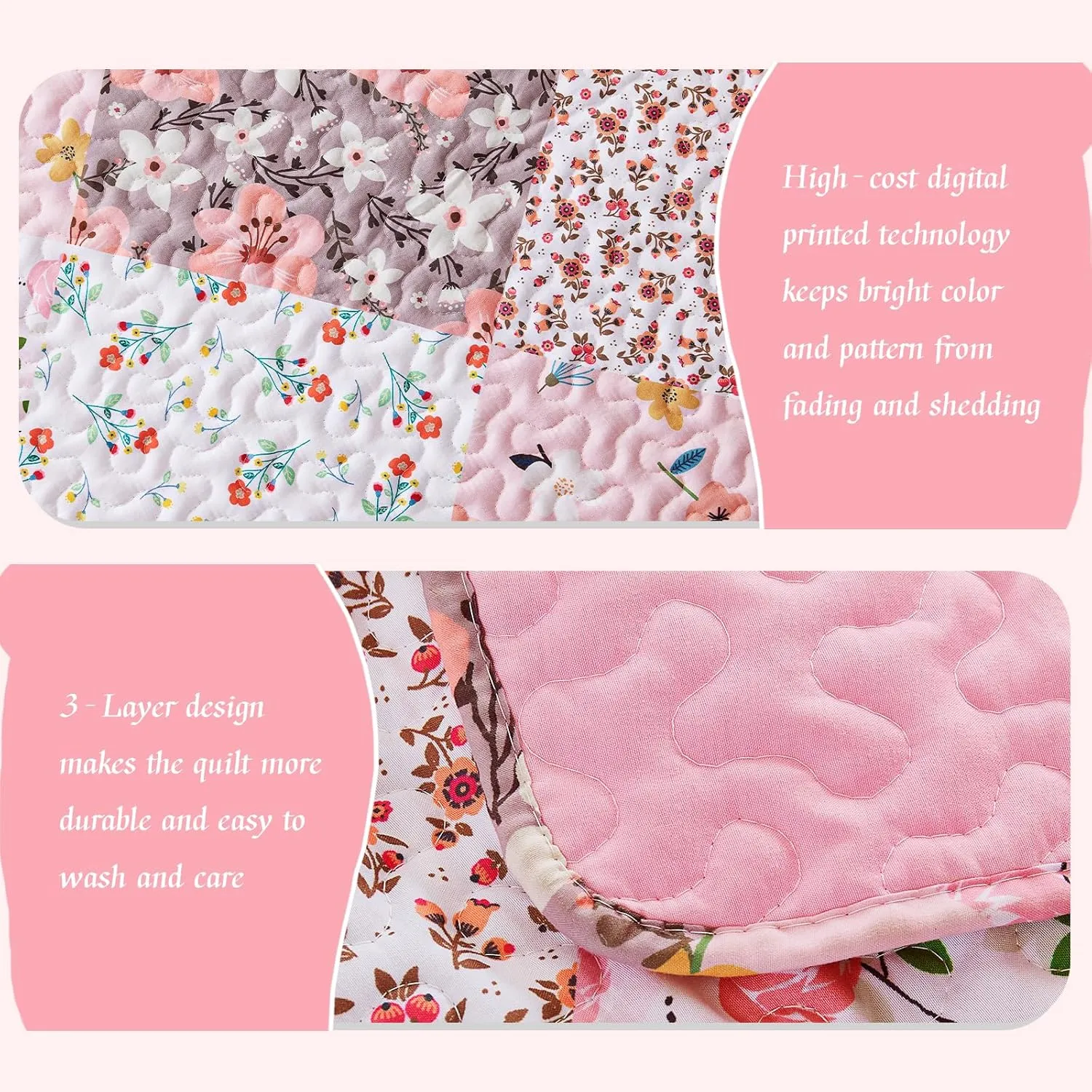 Whale Flotilla Reversible Patchwork Quilts Full Queen Size, Lightweight Boho Printed Bedspreads Coverlets Quilt Bedding Set with 2 Pillow Shams for All Seasons, Pink