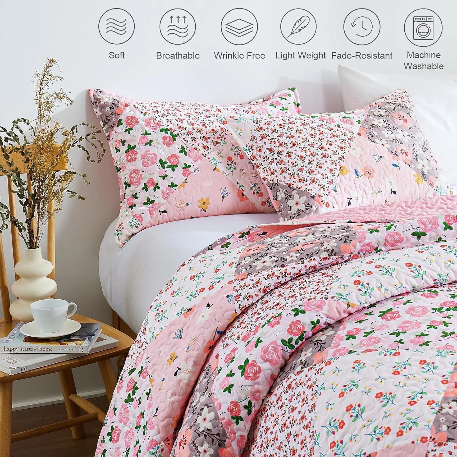 Whale Flotilla Reversible Patchwork Quilts Full Queen Size, Lightweight Boho Printed Bedspreads Coverlets Quilt Bedding Set with 2 Pillow Shams for All Seasons, Pink