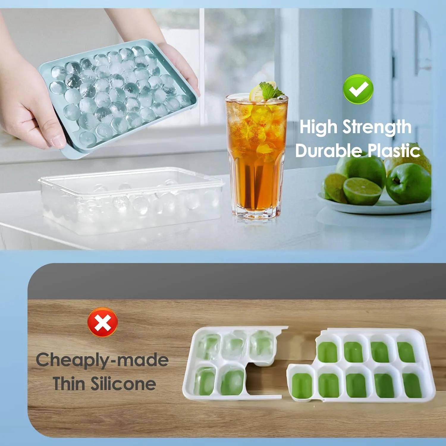 WIBIMEN Ice Cube Tray with Lid and Bin - Round Ice Trays for Freezer with Lid - Ice Cube Trays for Freezer with Ice Container (0.8"-2PACK Blue)