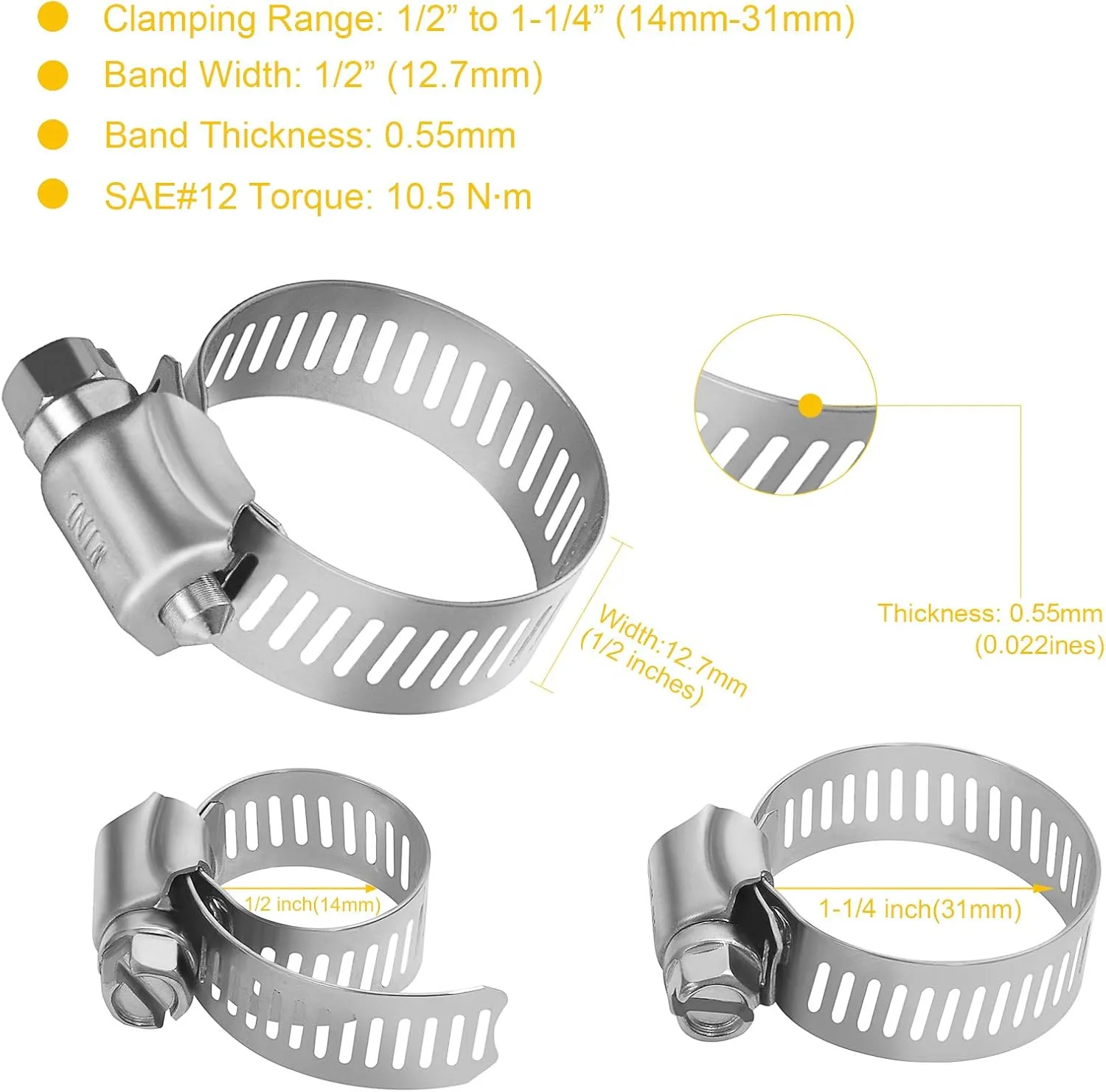 WINL Stainless Steel Hose Clamps - 16 Pack Worm Gear Drive Hose Clamps SAE 12 Clamping Range of 1/2'' to 1-1/4'' (14mm-31mm) for Automotive Plumbing, 1/2 Inch, 3/4 Inch, 1 Inch Hose Clamps