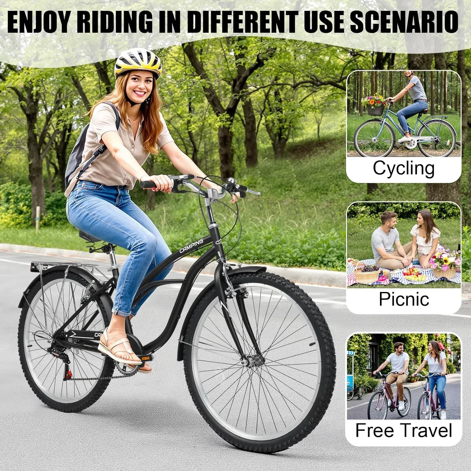 Women Bike, 26 Inch Beach Cruiser Bike, 7 Speed Commuter Bicycle with Ergonomic Upright Frame, Full Front & Rear Fenders and Foldable Front Basket (Green/Black/Red)