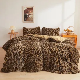 XeGe Cheetah Print Fluffy Faux Fur Duvet Cover Set, 3 Pieces Soft Plush Shaggy Fuzzy Bedding Set(1 Faux Fur Leopard Print Comforter Cover   2 Furry Pillowcases), Zipper Closure(Queen, Brown)