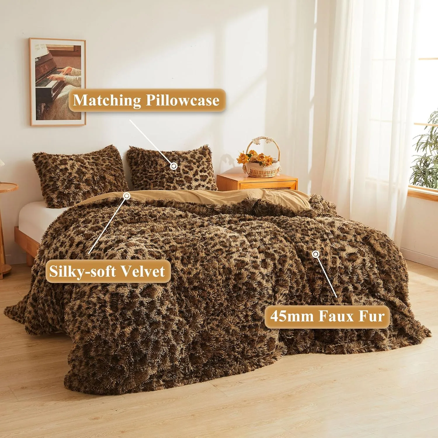 XeGe Cheetah Print Fluffy Faux Fur Duvet Cover Set, 3 Pieces Soft Plush Shaggy Fuzzy Bedding Set(1 Faux Fur Leopard Print Comforter Cover   2 Furry Pillowcases), Zipper Closure(Queen, Brown)
