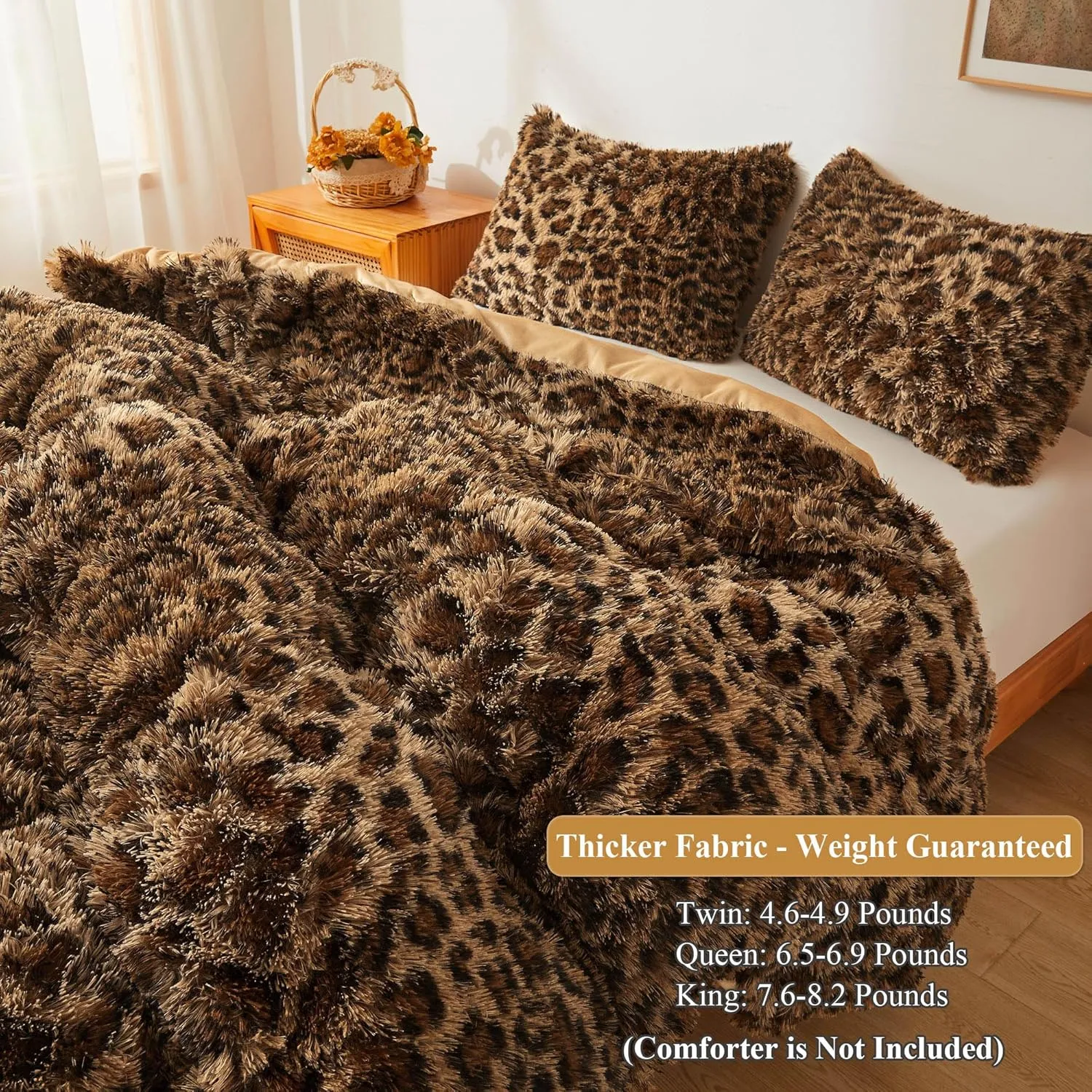 XeGe Cheetah Print Fluffy Faux Fur Duvet Cover Set, 3 Pieces Soft Plush Shaggy Fuzzy Bedding Set(1 Faux Fur Leopard Print Comforter Cover   2 Furry Pillowcases), Zipper Closure(Queen, Brown)