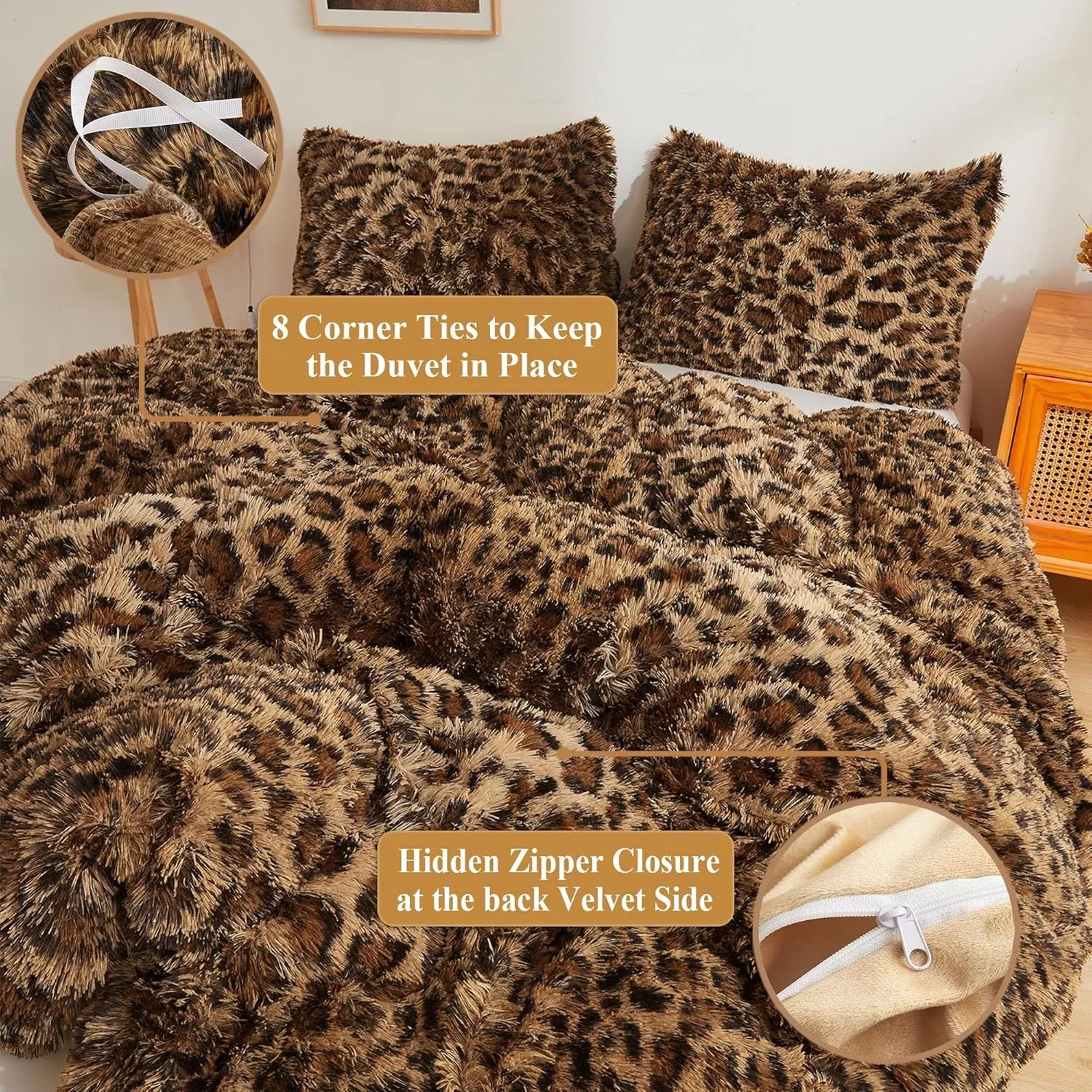 XeGe Cheetah Print Fluffy Faux Fur Duvet Cover Set, 3 Pieces Soft Plush Shaggy Fuzzy Bedding Set(1 Faux Fur Leopard Print Comforter Cover   2 Furry Pillowcases), Zipper Closure(Queen, Brown)