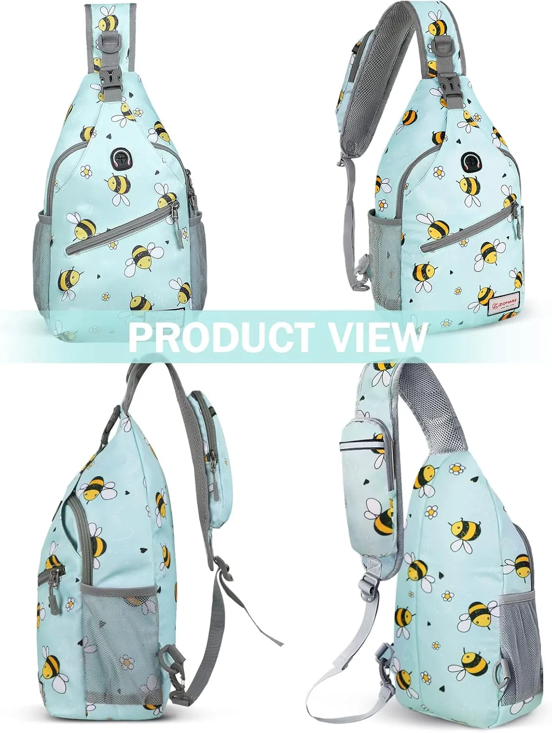 ZOMAKE Sling Bag for Women Men, Small Crossbody Sling Backpack, Mini Water Resistant Shoulder Daypack for Travel, Anti Thief Chest Bag for Hiking, Sports(Bee Blue)