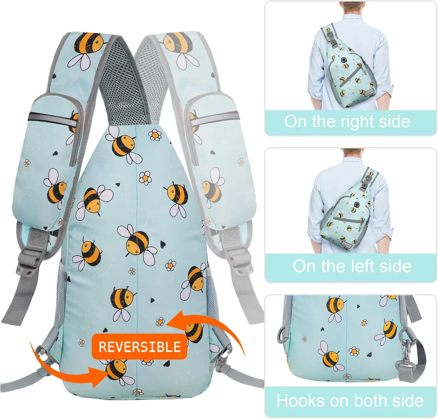 ZOMAKE Sling Bag for Women Men, Small Crossbody Sling Backpack, Mini Water Resistant Shoulder Daypack for Travel, Anti Thief Chest Bag for Hiking, Sports(Bee Blue)