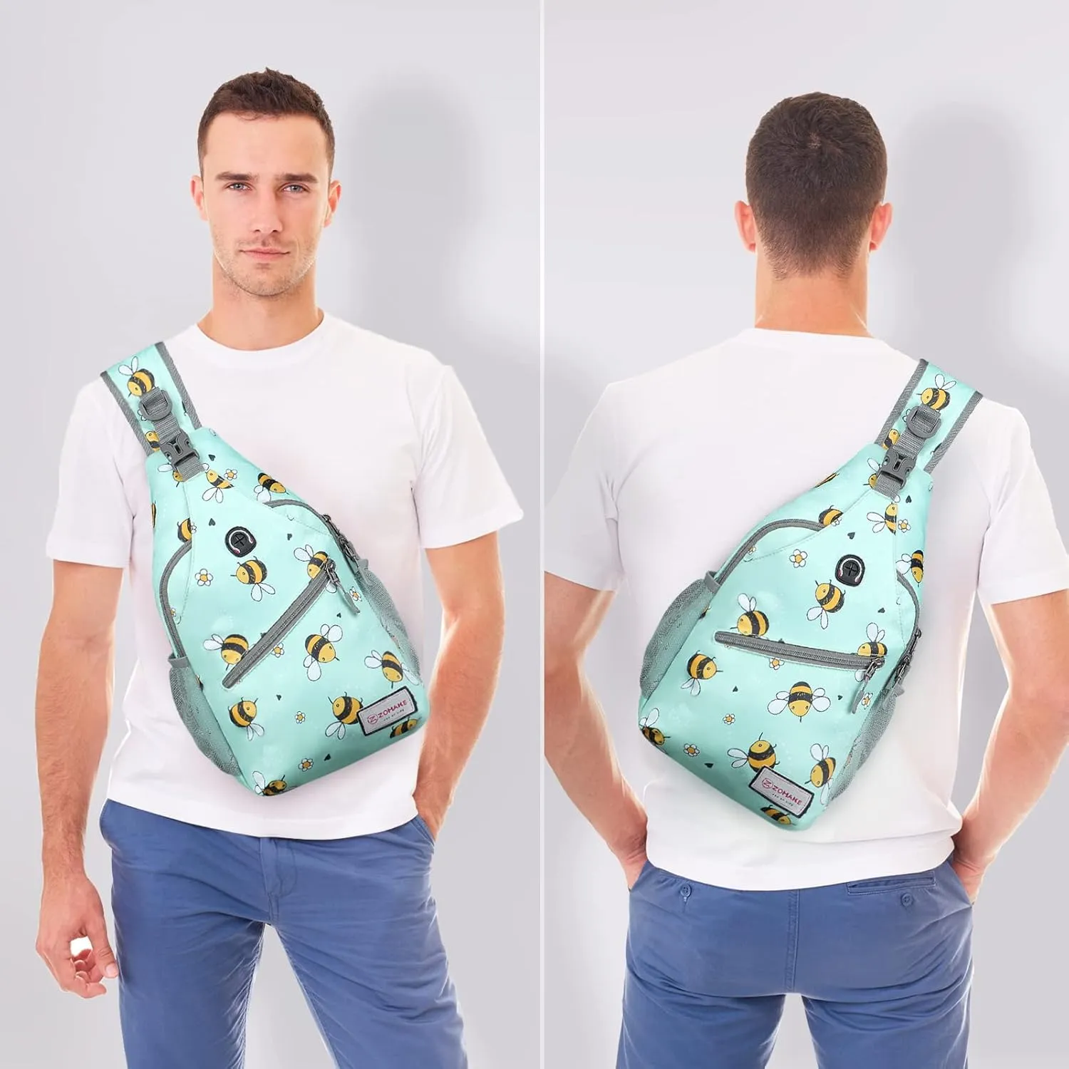 ZOMAKE Sling Bag for Women Men, Small Crossbody Sling Backpack, Mini Water Resistant Shoulder Daypack for Travel, Anti Thief Chest Bag for Hiking, Sports(Bee Blue)